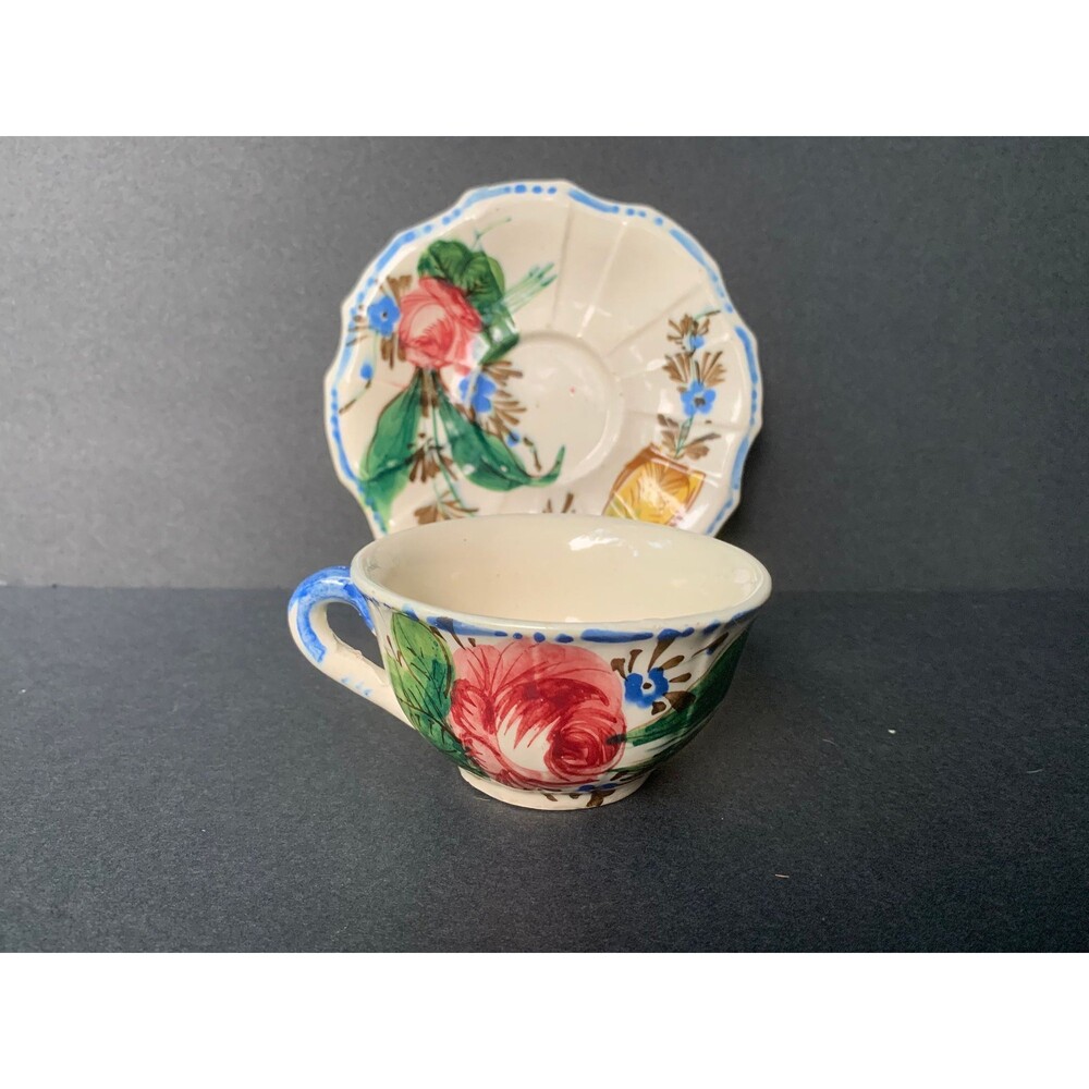 Vtg Floral Hand Painted Vintage Cup & Saucer Majolica, Nova Rose Style - Italy